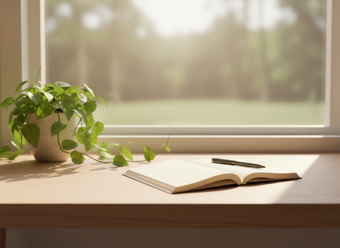 Soft-focus, nature-inspired header image showing a wooden desk near a window, with sunlight on a notebook, pen, and a trailing plant, in warm neutral and leafy green tones.